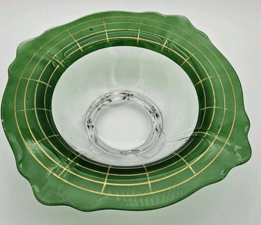 Vintage Green Gold Scalloped Glass Bowl Lattice Grid Indiana Art Deco Style 11"